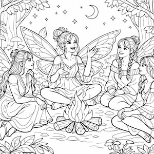 May include: Black and white illustration of four fairies sitting around a campfire in a forest setting. The fairies have wings and are dressed in flowing gowns. The scene includes a crescent moon, stars, trees, and foliage.