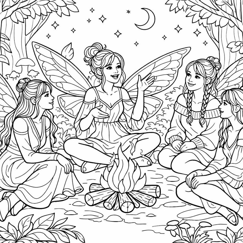 May include: Black and white illustration of four fairies sitting around a campfire in a forest setting. The fairies have wings and are dressed in flowing gowns. The scene includes a crescent moon, stars, trees, and foliage.