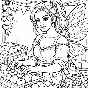 May include: Black and white illustration of a fairy at a market stall. The fairy is wearing a dress and apron, with wings and long hair. Baskets of apples and grapes are in front of her. Garlic hangs from the stall's roof.