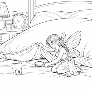 May include: Black and white illustration of a fairy kneeling on a bed, lifting a pillowcase. A coin and a tooth are on the bed. An alarm clock and lamp are on a nightstand.