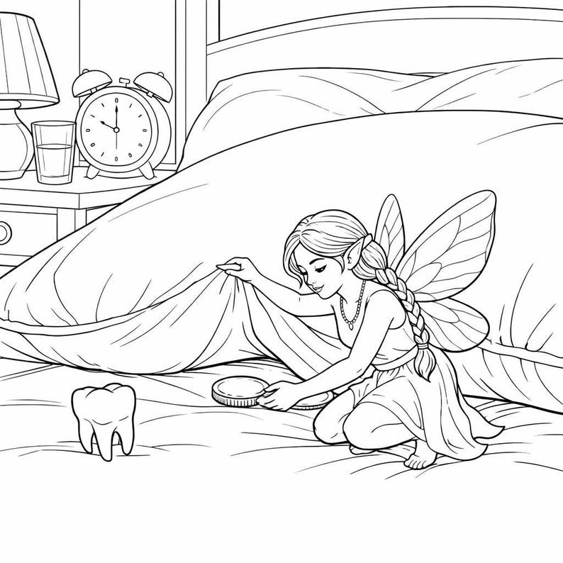 May include: Black and white illustration of a fairy kneeling on a bed, lifting a pillowcase. A coin and a tooth are on the bed. An alarm clock and lamp are on a nightstand.