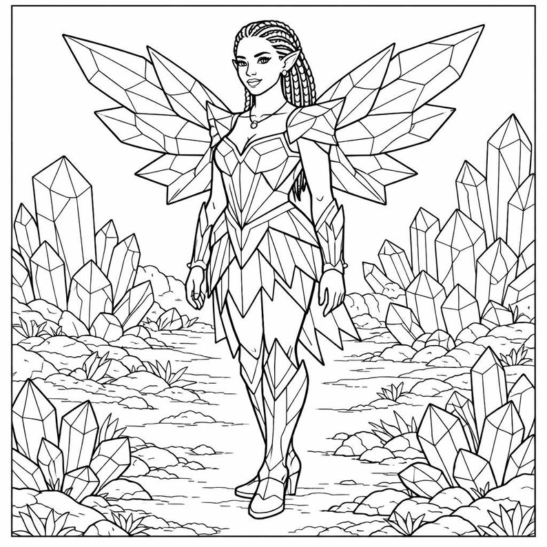May include: Line art illustration of a fairy with crystal-like wings and attire, standing in a landscape with large crystal formations. The fairy has braided hair and is wearing a necklace. The image is in black and white.