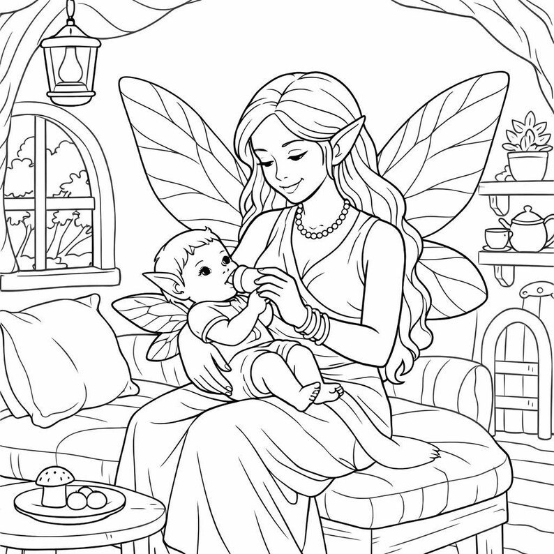 May include: Black and white illustration of a fairy feeding a baby fairy with a bottle. The fairy is wearing a dress and jewelry, and has large wings. The baby fairy is sitting on the fairy's lap. The scene is set in a cozy room with a window and a lamp.