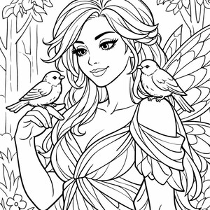May include: Black and white line art illustration of a fairy with long flowing hair, wings, and a dress. Two birds are perched on her shoulder and finger. The background includes trees and foliage.