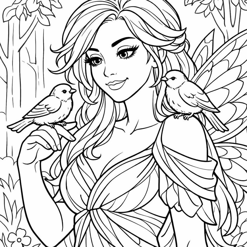 May include: Black and white line art illustration of a fairy with long flowing hair, wings, and a dress. Two birds are perched on her shoulder and finger. The background includes trees and foliage.