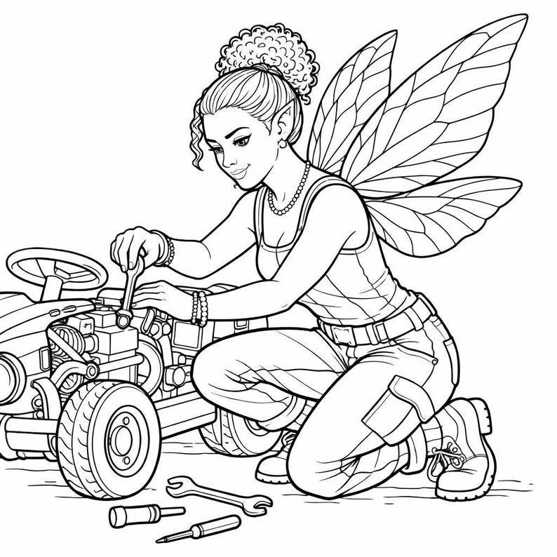 May include: Black and white illustration of a fairy kneeling and working on a lawnmower engine. The fairy wears a tank top, jeans, and work boots. Tools, including wrenches and screwdrivers, are on the ground.