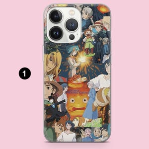 May include: A clear phone case featuring a collage of anime characters and scenes. The design includes characters from "Howl's Moving Castle" and other animated films, with a pink background.