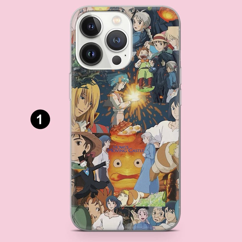 May include: A clear phone case featuring a collage of anime characters and scenes. The design includes characters from "Howl's Moving Castle" and other animated films, with a pink background.