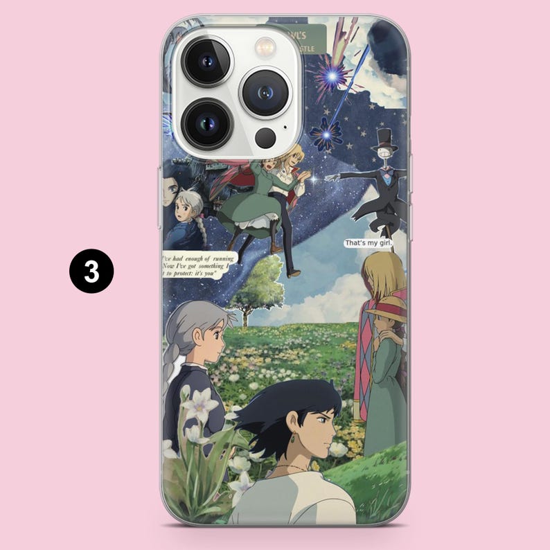May include: A clear phone case featuring a colorful collage of anime-style illustrations. The design includes characters in a field, a starry night sky, and text. The case is designed to fit a smartphone.