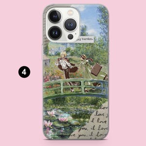May include: A phone case featuring a bridge scene with two figures, a pond with water lilies, and the text "avy burden." The design incorporates a collage of text and a painting-like background, with the number "4" in the corner.