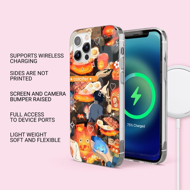 May include: A clear phone case featuring a colorful collage of anime characters and food imagery. The phone case is shown next to a phone displaying a charging screen. Text on the case reads "Supports Wireless Charging" and "+ calcifer".