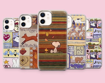 Funda para teléfono Snoopy estilo vintage Woodstock para iPhone 17 16 15 14 13 Samsung S26Ultra S25 S24 S23FE A56 A17 A16 Pixel 10a 9Pro (color marrón)
