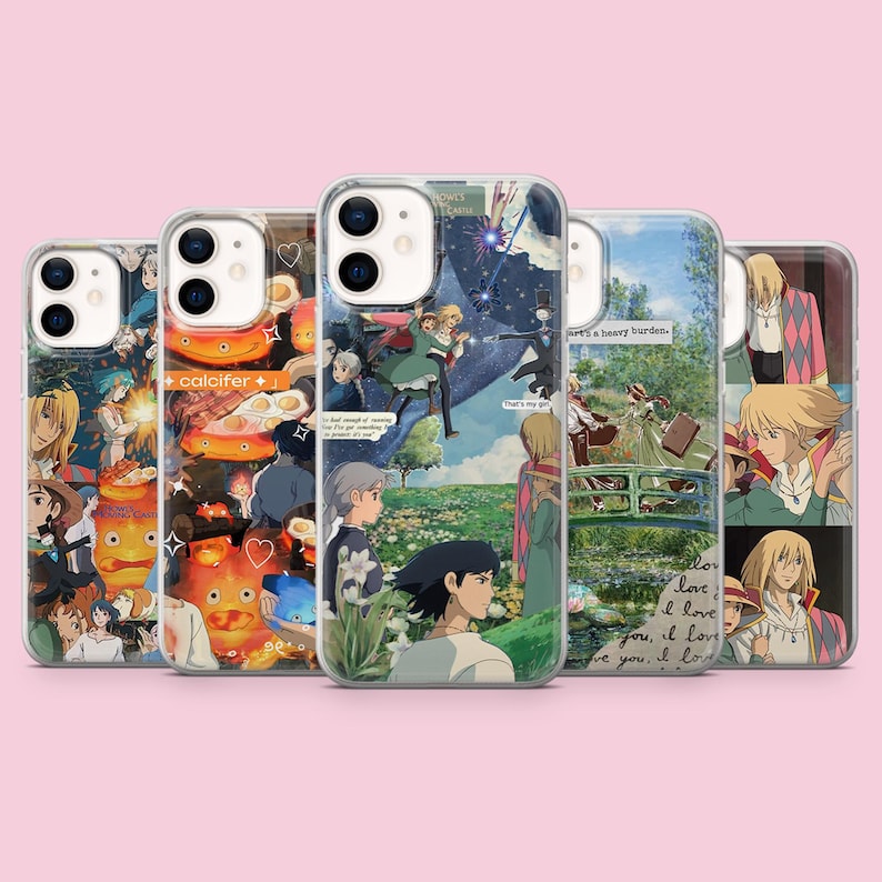 May include: A collection of clear phone cases featuring colorful anime-style artwork. The designs include characters and scenes from a popular animated film, with text elements like "calcifer" and "a heavy burden."