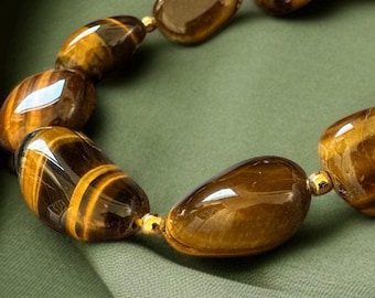 Tiger Eye Tumble Necklace | Brown Gemstone Statement Necklace | Chunky Tiger Eye Jewelry | Boho Natural Stone Necklace | Gift for Her