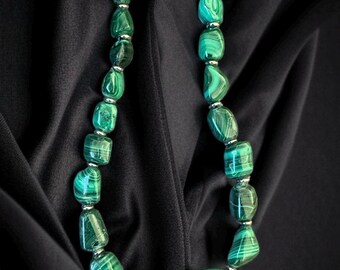 Malachite Gemstone Necklace | Polished Green Beads with Silver Accents | Handmade Statement Jewelry Gift