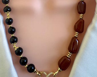 Black Onyx & Red Jasper Necklace | 10mm Onyx Beads | Tumbled Red Jasper | 14K Gold Plated Accents | Two Tone Gemstone Necklace