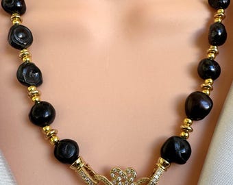 Black Freshwater Baroque Pearl Necklace | 2 Way Pearl Necklace | 14K Gold Plated Accents | Statement Clasp Necklace | Handmade Jewelry