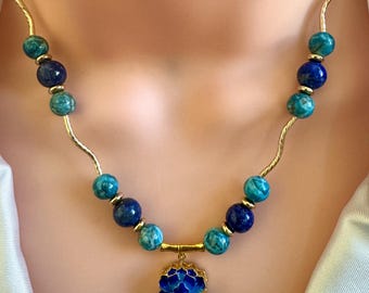 Turquoise & Lapis Lazuli Necklace | Blue Gemstone Necklace | 14K Gold Plated Accents | Floral Pendant Necklace | Handmade Statement Jewelry