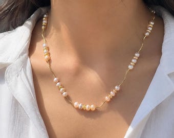 Peach Freshwater Pearl Necklace | Minimalist Gold Beaded Jewelry | Bridal Gift