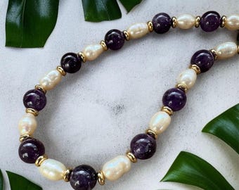 Amethyst & Freshwater Pearl Necklace | 10mm Purple Gemstone Pearl Jewelry | February Birthstone Gift for Her