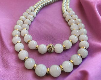 Rose Quartz Pearl Necklace, Double Strand Necklace, Pink Gemstone Jewelry, Shell Pearl Necklace, Romantic Gift for Her, Layered Necklace