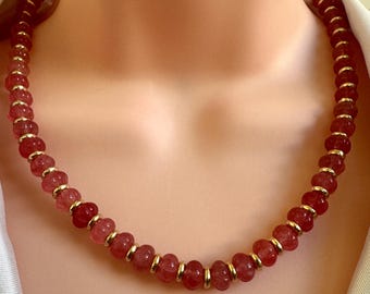 Raspberry Pink Gemstone Bead Necklace | 14K Gold Plated Accents | Pink Beaded Necklace | Handmade Gemstone Jewelry | Gift for Her