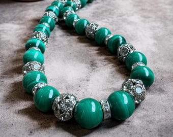 Malachite Necklace 10mm Green Gemstone Statement Necklace Gift Her