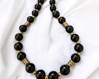 10mm Black Onyx Necklace | Black Gemstone Beaded Necklace | 14K Gold Plated Accents | Handmade Statement Necklace | Gift for Her