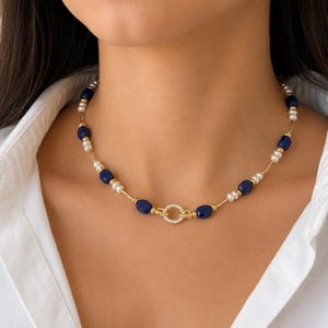 Lapis Lazuli Pearl Necklace, Blue Gemstone Statement Jewelry, Gold Accent Handmade Gift for Her