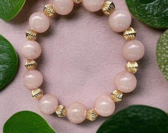 Rose Quartz Bracelet 10mm | Pink Crystal Stretch Bracelet with Gold Accents | Self Love Gift for Her