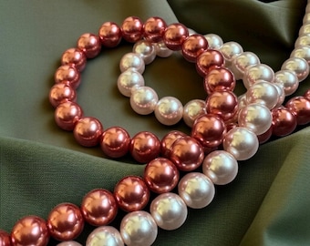 Double Strand Shell Pearl Necklace | Pink White Layered Pearl Jewelry | Handmade Bridal Statement Gift