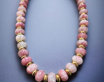 Melon Pink Gemstone Necklace | 14K Gold Plated Accents | Faceted Pink Beaded Necklace | Blush Raspberry Necklace | Handmade Jewelry