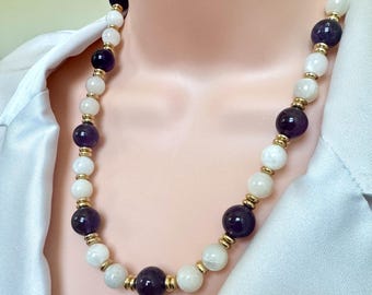 10mm Amethyst & Moonstone Necklace | 14K Gold Plated Accents | Purple White Gemstone Necklace | Handmade Beaded Jewelry | Gift for Her