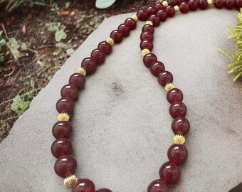 Red Jade Necklace 10mm | Handmade Gemstone Necklace | Bold Red Statement Jewelry | Gold Accent Beaded Necklace | Semi Precious Stone Gift