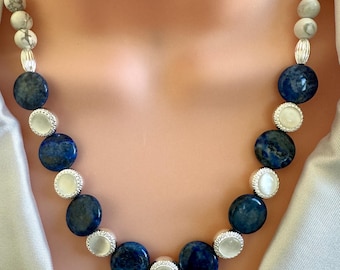Lapis Lazuli Coin & Howlite Necklace | 8mm Howlite Beads | Blue White Gemstone Necklace | Statement Beaded Jewelry | Handmade Necklace