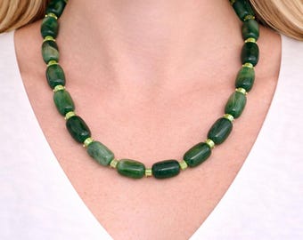 Green Jade Necklace | Jade Glass Beaded Necklace | Healing Crystal Jewelry | Minimal Green Necklace | Everyday Elegant Gift for Her