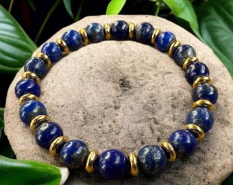 Lapis Lazuli Bracelet 8mm, Blue Gemstone Stretch Beaded Jewelry, Protection Crystal Gift for Him
