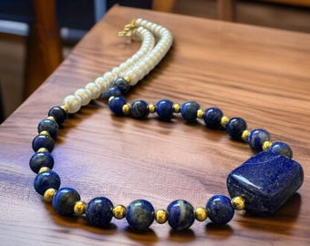 Lapis Lazuli Necklace Royal Blue Focal Gemstone Statement Gift Her