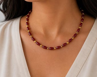 Red Jade Necklace | Handmade Burgundy Red Jade Beaded Necklace | 14K Gold Plated Spacer Necklace | Elegant Gemstone Jewelry | Gift for Her