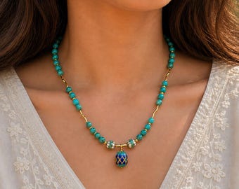 Handmade Turquoise Gemstone Necklace with Decorative Egg Pendant | Blue Beaded Statement Necklace | Artisan Jewelry | Gift for Her