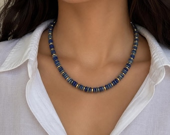 Lapis Lazuli Heishi Bead Necklace | Genuine Lapis with 14K Gold Accent Beads | Unisex Gemstone Necklace | Minimalist Blue Stone Jewelry