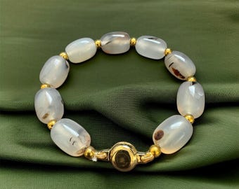 White Agate Bracelet | Neutral Gemstone Beaded Bracelet with Gold Accents | Minimalist Gift for Her