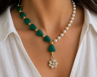 Green Onyx Pearl Necklace, 2-in-1 Convertible Gemstone Jewelry, Gold Floral Handmade Gift for Her