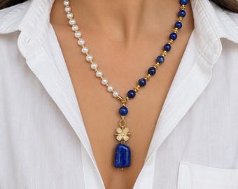 Lapis Lazuli Pearl Necklace, Convertible Blue Gemstone Two-Way Jewelry, Handmade Statement Gift for Her