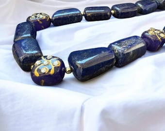 Lapis Lazuli Tumble Necklace 24” | Blue Gemstone Statement Necklace | Handmade Lapis Jewelry | Boho Chunky Necklace | Gift for Her