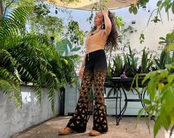 Fire Safe Morphing Fractals Bell Bottoms, Women’s Sacred Geometry Festival Pants, Cotton Flow Arts Flare Pants