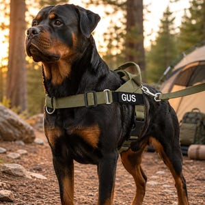 May include: A black and tan Rottweiler dog wearing an olive green tactical dog harness with a black patch featuring the white text GUS. The harness includes adjustable straps, metal D-rings, a top handle, and a leash attachment point on the side.