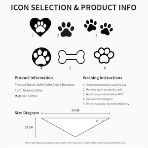May include: An informational graphic titled ICON SELECTION & PRODUCT INFO displaying six black pet-themed icons, product details for a Solid Color Crepe Bandana made of cotton, washing instructions, and a size diagram showing 50 cm by 20 cm dimensions.