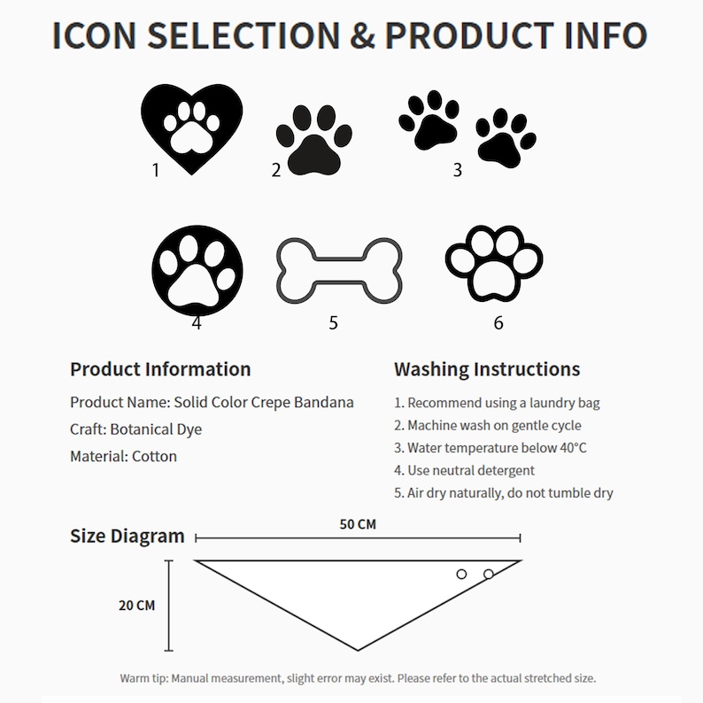 May include: An informational graphic titled ICON SELECTION & PRODUCT INFO displaying six black pet-themed icons, product details for a Solid Color Crepe Bandana made of cotton, washing instructions, and a size diagram showing 50 cm by 20 cm dimensions.