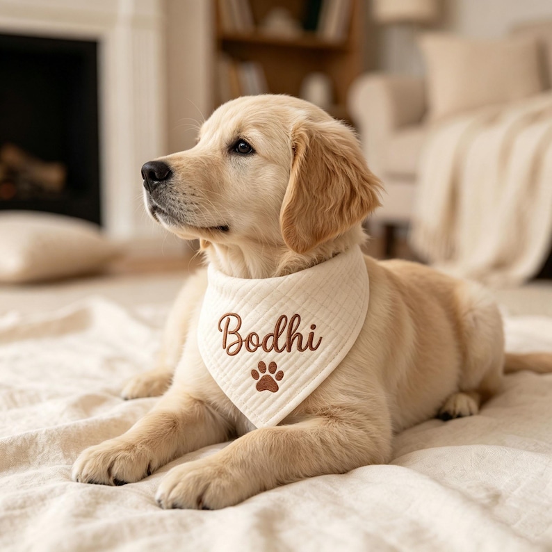 May include: A light cream-colored puppy wearing a triangular bandana. The bandana is off-white with a quilted texture and features the embroidered name Bodhi in brown script lettering above a small brown embroidered paw print icon.